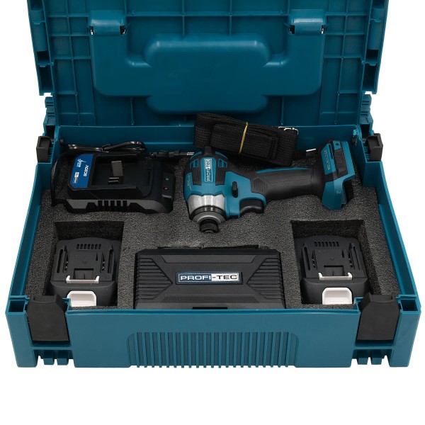 Акумуляторний імпульсний гвинтоверт PROFI-TEC PID1820BL POWERLine, набір біт, два акумулятори PT2020MP по 2.0 Аг, зарядний пристрій (007224)