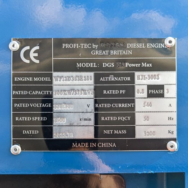 Промышленный дизельный генератор PROFI-TEC WDSG375-3 Power MAX 375 кВА/300 кВт, 6-цилиндровый, рядный, четырехтактный с наддувом и промежуточным охлаждением (005146)