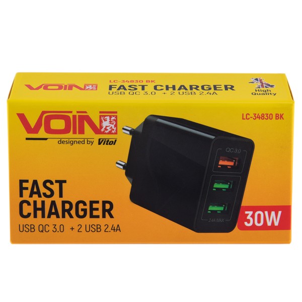 Зарядное устройство VOIN 30W, 3 USB, QC 3.0, быстрое сетевое ЗУ для авто и дома