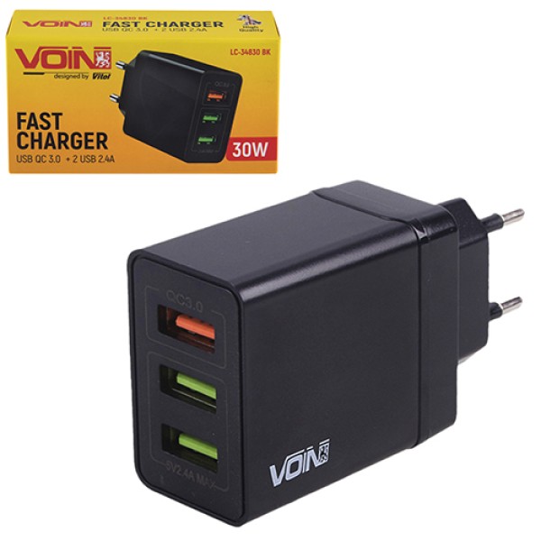 Зарядное устройство VOIN 30W, 3 USB, QC 3.0, быстрое сетевое ЗУ для авто и дома