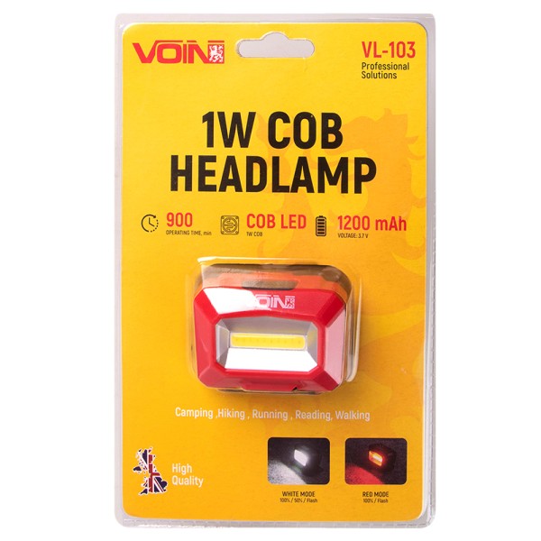 Налобный фонарь VOIN VL-103 | 1W COB, белый/красный свет, 1200 mAh, регулируемый угол