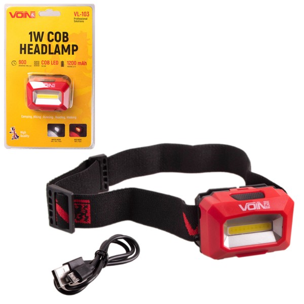 Налобный фонарь VOIN VL-103 | 1W COB, белый/красный свет, 1200 mAh, регулируемый угол