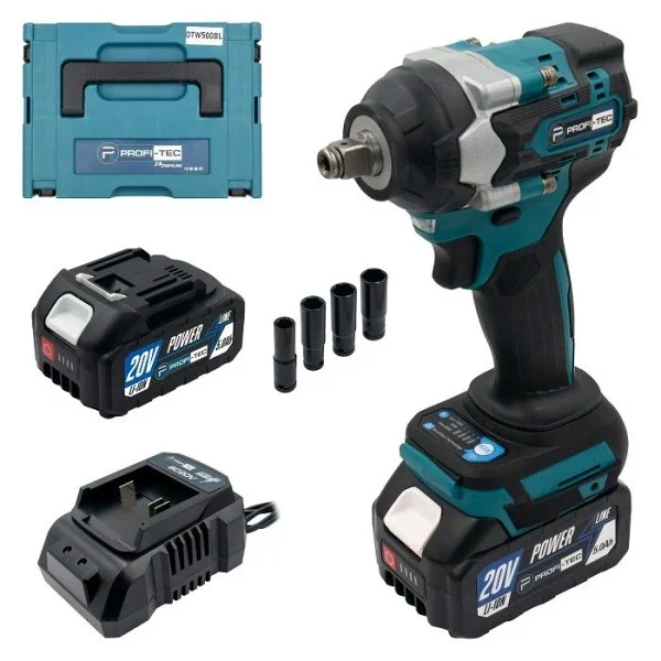 Аккумуляторный гайковерт PROFI-TEC DTW500BL POWERLine, 2×PT2040MP (4.0 Ач), зарядное устройство (006321)