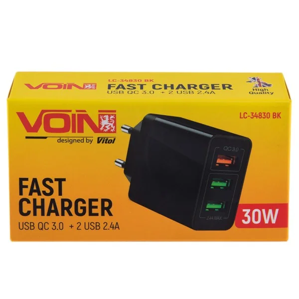 Зарядний пристрій VOIN 30W, 3 USB, QC 3.0, швидкий мережевий ЗП для авто та дому
