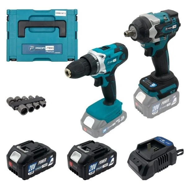 Акумуляторний набір інструментів PROFI-TEC Combo Set 2/6 POWERLine, PCD2820V, DTW500BL,  (2×PT2040MP (4.0 Аг), зарядний пристрій (007055)